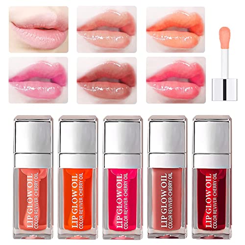 BESDAS Hydrating Lip Glow Oil,Tinted Lip Balm Lip Care Transparent Toot Lip Oil, Long Lasting Nourishing Lip Glow Oil Non-sticky Big Brush Head Glitter Shine Primer Lip Tint