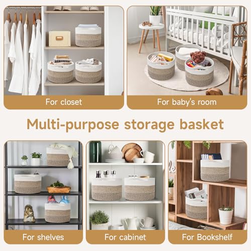Maxuni Small Rope Baskets for Storage, Baskets for Gifts Empty, Cute Round Woven Basket, Decorative Shelf Baskets 9.82×9.82×7.1", Cotton Toy Storage Bins for Organizer 3 Packs Mixed Brown