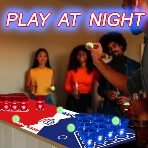 meishuneu 71 * 23 Zoll Glow Beer Pong Tischmatten-Set, leuchtendes tragbares Pong-Set für Partyspiele, 32 glühende Partytassen (rot und blau), 12 leuchtende Pongs leuchten im Dunkeln Party