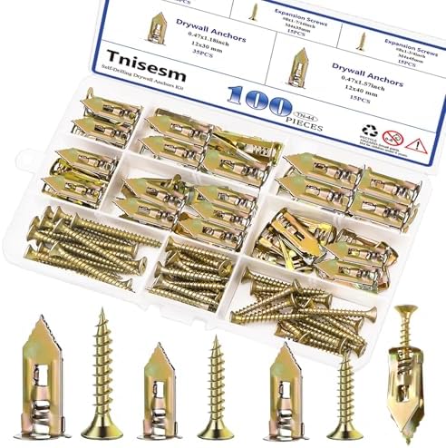 Tnisesm 100Pcs Self-Drilling Drywall Anchors with Screws, 2025 Upgraded Zinc Plated Steel for Heavy Duty, Metal Screw Anchors Kit, No Drill and Holes in Wall (3 Sizes)