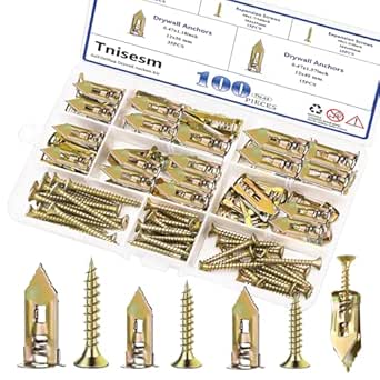 Tnisesm 100Pcs Self-Drilling Drywall Anchors with Screws, 2025 Upgraded Zinc Plated Steel for Heavy Duty, Metal Screw Anchors Kit, No Drill and Holes in Wall (3 Sizes)