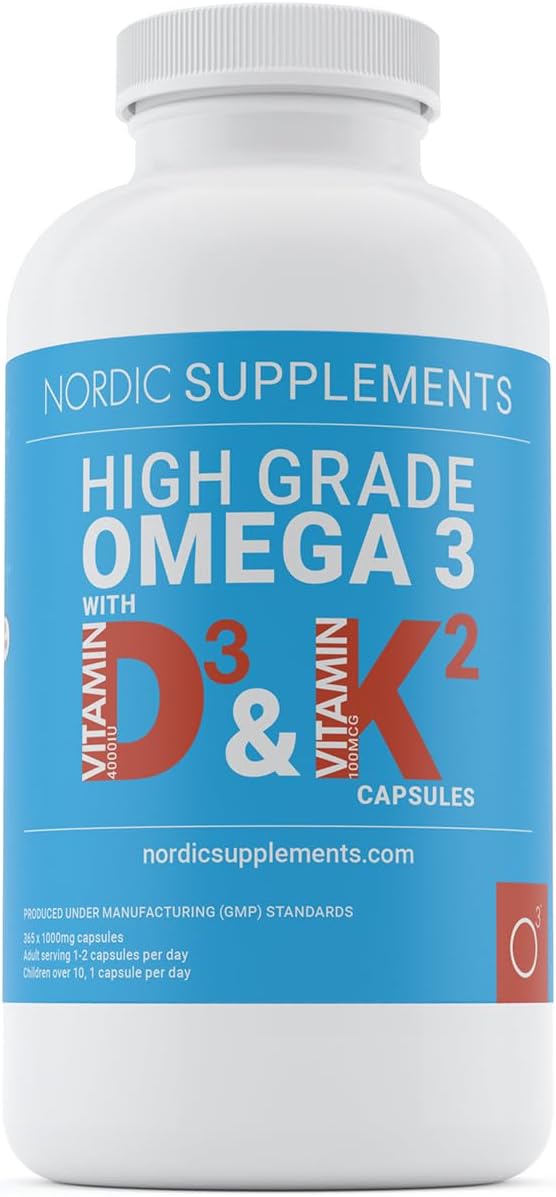 Nordic Supplements® Omega 3 Fish Oil 1000mg with Vitamin D3 4000IU & K2 MK-7 100µg – High Strength Triple Formula for Heart, Brain, Vision, Immune & Bone Health – 180 Capsules – Burp-Free & Ultra-Pure