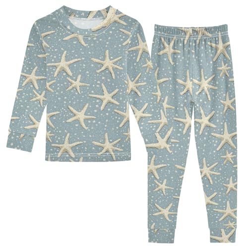 Beach Starfish Sprinkle Pattern Cute Pajama Sets Long Sleeve Top and Pants, Snug Fit Sleepwear for Night Wears