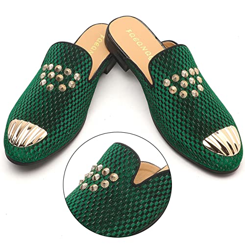 Men's Velvet Slip-On Mule Loafer With Fashion Buckle Toe, Mushroom Shape Metal Spikes, Stylish Formal Wear Backless Dress Slippers, Casual Breathable Openback Sandals Slides For Men (Green) #TOP2