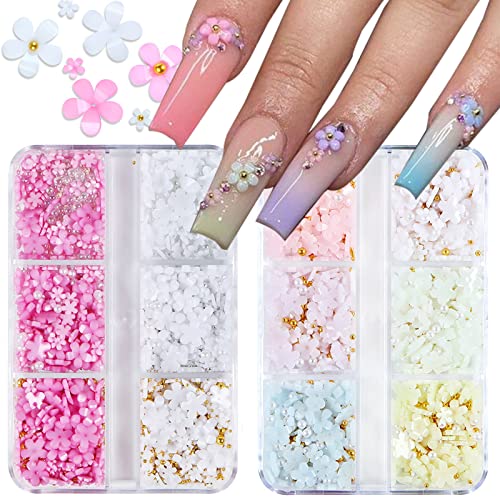 Baoximong 2 Boxes 3D Flower Nail Art Charms White Pink Nail Charms For Acrylic Nails Gold Silver Pearls Nail Art Supplies Rhinestones Spring Cherry Blossom Gems Design Nail Accessories Decorations #TOP9