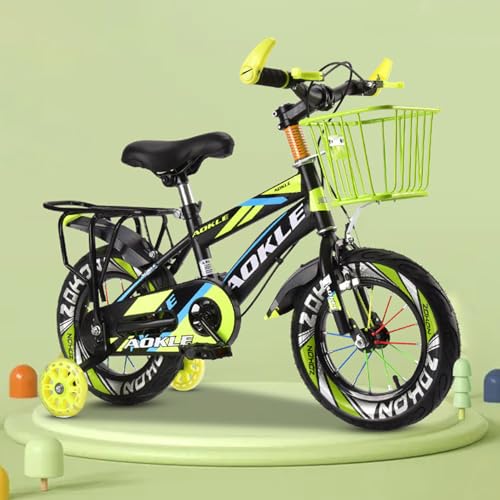 JXHNZYQ 子供用自転車 女の子 男の子 小学生 幼児用自転車 泥除け カゴ 補助輪付き 3?10歳適合 高さ調節可能 キッズバイク プレゼント お祝い 誕生日 クリスマス 公園 組み立て簡単、安全で耐久性があり グリーン(後部座席付き) 12インチ