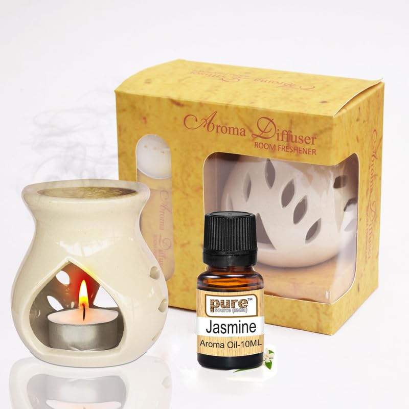 Image of Pure Source India Ceramic Aroma Burner 10 ML Jasmine Aroma Essential Oil with 4 Tea Light Candles, Gift This Diwali