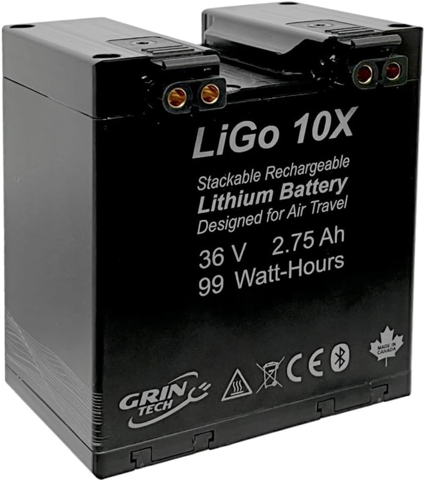 Grin Technologies LiGo 10X Stackable Lithium-ion Ebike Battery Pack 36V 2.75Ah, 99Wh, Bluetooth Enabled, Air Travel Compatible