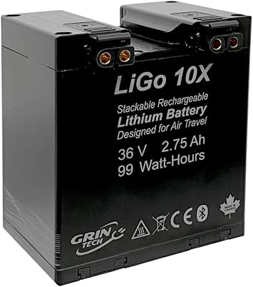 Grin Technologies LiGo 10X Stackable Lithium-ion Ebike Battery Pack 36V 2.75Ah, 99Wh, Bluetooth Enabled, Air Travel Compatible