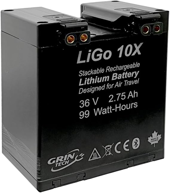 Grin Technologies LiGo 10X Stackable Lithium-ion Ebike Battery Pack 36V 2.75Ah, 99Wh, Bluetooth Enabled, Air Travel Compatible