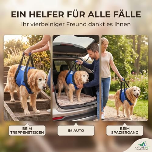 Nature Pet Tragehilfe für Hunde Vorne - Tragegurt als Treppenhilfe & Gehhilfe - Ideal für ältere, kranke oder operierte Vierbeiner - Hunde-Hebegurt für Mobilität (L, Blau)