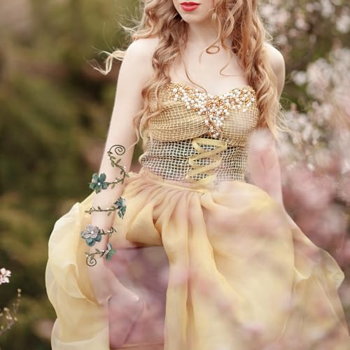 FRESHME Elf Floral Arm Wrap - 1 PC Renaissance Green Flower Bracelet Poison Ivy Costume Forest Mother Nature Elven Arm Cuff Renfaire Cosplay Photoshoot Fantasy Dress Up Prom Accessories for Women - Thumbnail 3