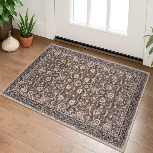Lansny Vintage Entryway Rug 2x3 Washable, Mocha Brown Kitchen Rug, Super Soft Thin Faux Wool Small Area Rug, Non-Slip Accent Mat for Foyer, Bedroom, Office