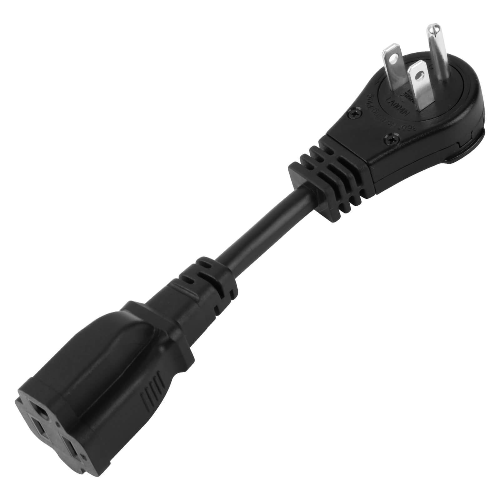 0.5 Ft 360° Rotating Flat Plug Extension Cord, 3 Prong Grounded Wire 16 AWG Power Cord, 125V/13A, Black Short Power Extender Cable for Indoor, Home