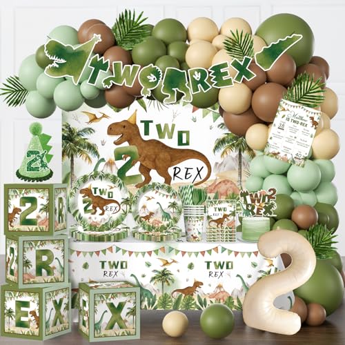 cocomigo 237pcs Two Rex Birthday Decorations Boy Complete Party Set Dinosaur Birthday Decorations 2 Serves 20 Guests 2 Year Old Party Decor Boy 2nd Party Decor for Boys