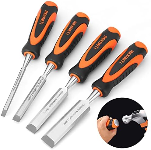 REXBETI 4PCS Wood Chisels Set for Woodworking, Heat-Treated CR-V Steel Sharp Edge Blade, 1/4",1/2", 3/4", 1" Size Wood Chisels, Strong Grip Handle