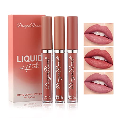 3 Colors Nude Matte Lipstick Set Liquid Matte Lipstick, Velvet Nude Pink Lipstick Lip Stain Long Lasting Waterproof,Non-Stick Cup Not Fade Lip Gloss Lipstick For Women Lip Makeup Lip Stick Pack-Set B #TOP7