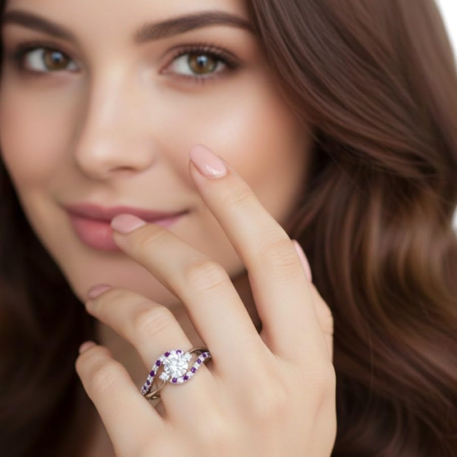 Image of Choose Your Gemstone Swirl 3 Stone Diamond CZ Engagement Ring 925 Sterling Silver Round Shape Side Stone Engagement Rings for Women, Girls and Ladies US Size 4 to 12
