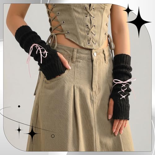 Jspupifip Arm Warmers Y2K, 4 Pairs Cute Lolita Long Fingerless Gloves with Thumb Hole Knit Mitten Gloves Arm Sleeves for Girls
