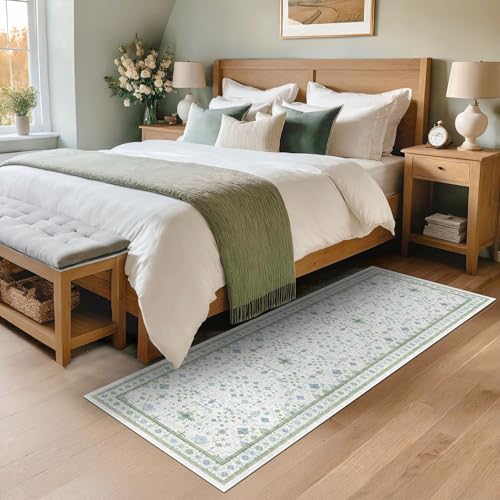 Hazo Haus Washable 2x6 Runner Rug for Bedroom - Eclectic Floral Pastel Geometric Oushak Runners, Low Pile Non Slip Runners for Bathroom, Kitchen, Laundry Room, Powder Room, Cream Green