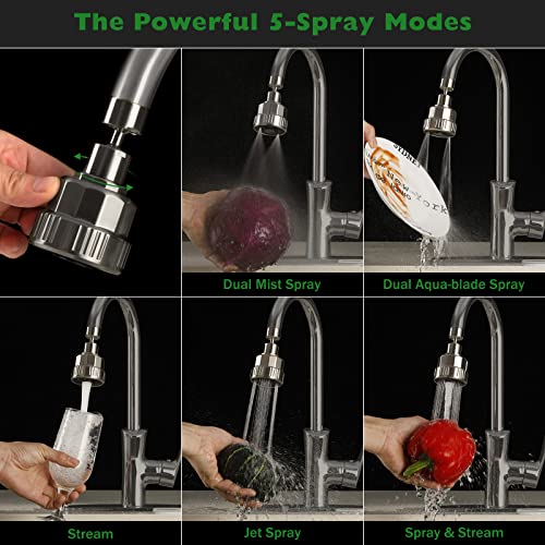 Faucet Sprayer Attachment, Big Angle Swivel Kitchen Faucet Aerator,Sink Faucet Head Replacement, 5 Spray Models, 55/64-27Uns Famale Thread, Male Thread Adapter Included, Brushed Nickel #TOP2