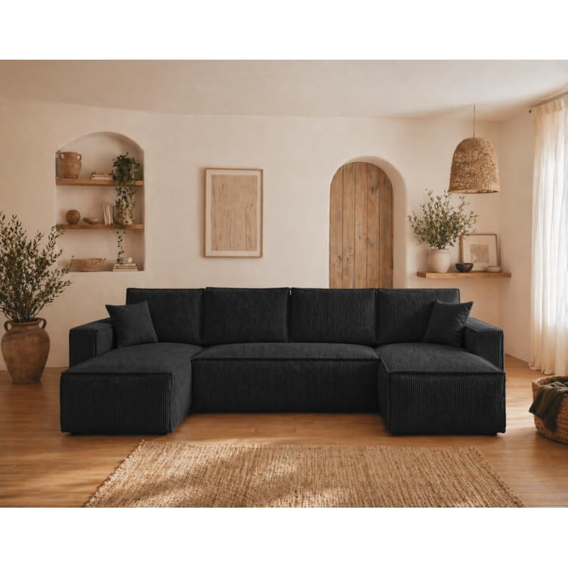 Tendencio Canapé panoramique Convertible AMBRI en Velours côtelé – 6 Places - 300 cm (Noir)