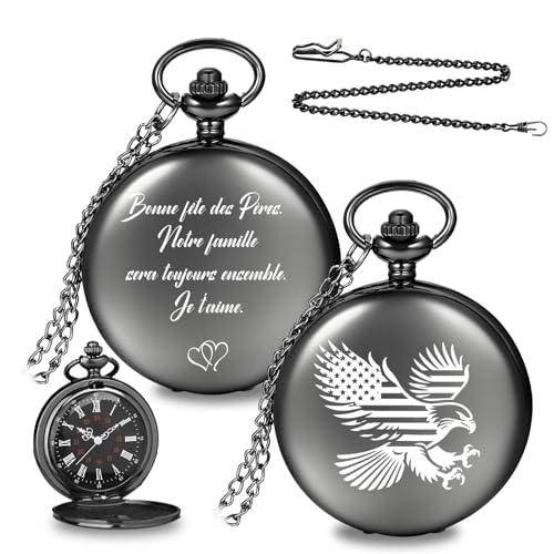 RSQGT Montre à Gousset Homme Personnalisée - Gravure Double Face Photo & Texte, Vintage avec Chaîne - Cadeau Homme pour Père, Mari, Fils, Témoin (Montre...