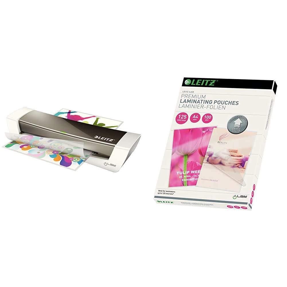 Leitz Laminiergerät, Metallic grau, A4, Home Office, iLam, WOW, 73680089 & Heißlaminierfolien, Glänzend, transparent, A4, UDT, Folienstärke 125 mic, 100er Pack, 74810000