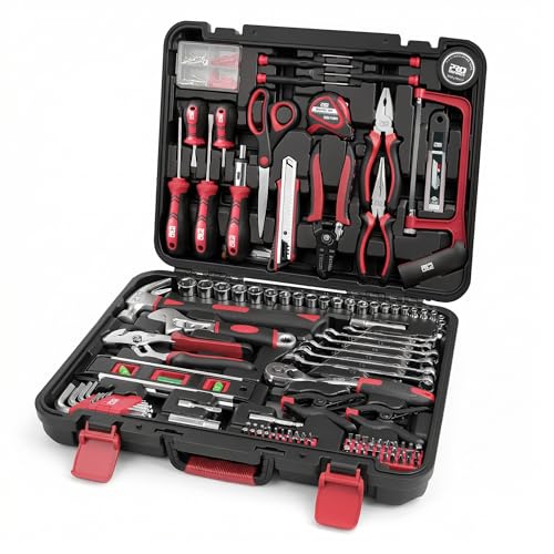 Image of Prostormer 259-Piece Tool Kit, General Household Hand Tool Set with Plastic Storage Toolbox, Portable Complete Repair Tool Box for Home and Car (Red)