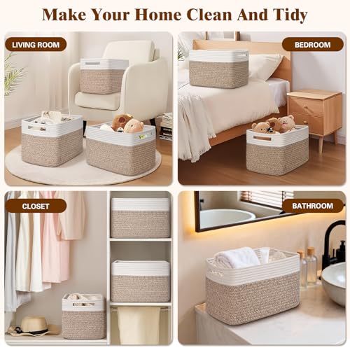 Storage Baskets for Organizing, 4 Pack Baskets for Shelves, Decorative Storage Bins for Shelves, Cotton Rope Storage Basket with Handles, Woven Basket for Storage, 13''Lx8.7''Wx7.9''H, White & Brown by Degeyoyo - Image 6