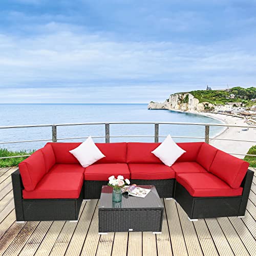 Kinfant Outdoor Patio Furniture Sofa - 7 Pcs Pe Black Wicker Sectional Sofa Sets With Glass Table And Cushions For Backyard, Pool (Red) #TOP29