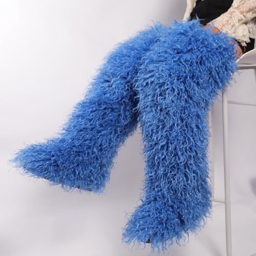 Image of Black Thigh High Fur Boots, Over the Knee Fluffy High Boots, Tall Furry shoes for Women