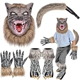 Swakuta 4 Pcs Halloween Werewolf Costume Set Adult Wolf Head Mask Claw Gloves Shoe Covers Tail Faux Fur Wolf Cosplay Accessories Horror Party Dress Up Outfit for Men Women