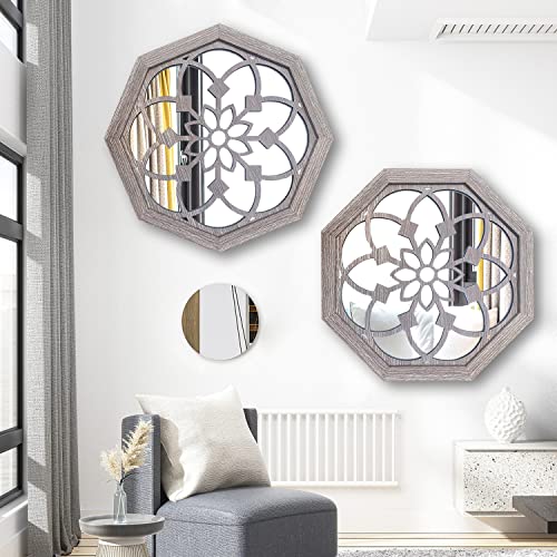 ZOLAPI 2 PCS 20 inch Octagon Wall-Mounted Mirrors,Vintage Farmhouse Mirror for Wall Decor,Barn Wood Color Decorative Accent Mirror for Foyer, Bathroom, Bedroom. (20”x20”) - Image 3