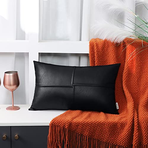 Image of BRAWARM Pack of 2 Black Leather Throw Pillows 12 X 20 Inches, Hand Stitched Faux Leather Decorative Lumbar Pillow Covers for Couch Sofa Bed Living Room Garden Home Decor