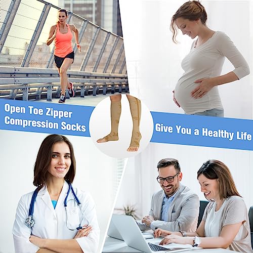 Ktinnead 2 Pairs Zipper Compression Socks For Women, 15-20 Mmhg Open Toe Compression Stockings For Women Men, Graduated Knee High Medical Compression Socks For Nurse, Pregnant(Butterfly Nude S/M) #TOP2