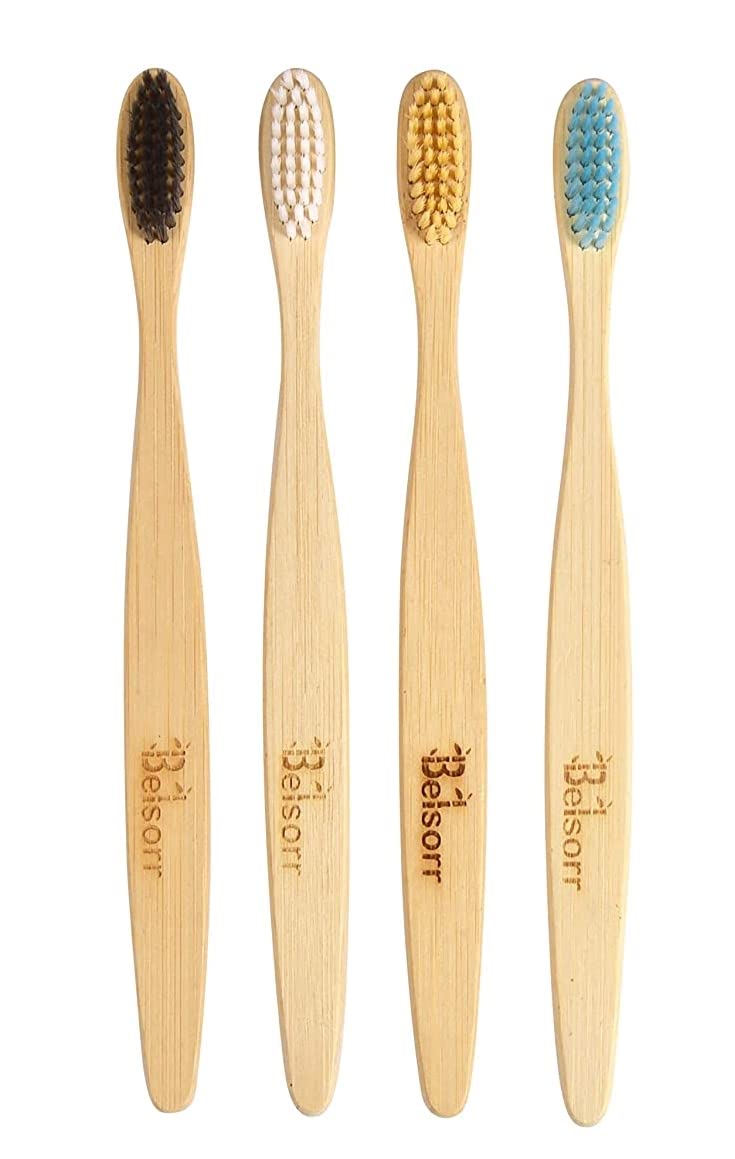 BELSORR ALL NATURAL BAMBOO TOOTHBRUSH SOFT WITH TONGUE CLEANER AND BEES WAX COATING ADULT(PACK OF FOUR)