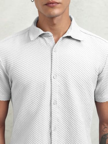 Image of Zombom Men's Poly Cotton Textured Short Sleeve Shirt | Slim Fit Casual Wear | Premium Stretch Fabric | Button Down Collar | Stylish Party Shirt for Men