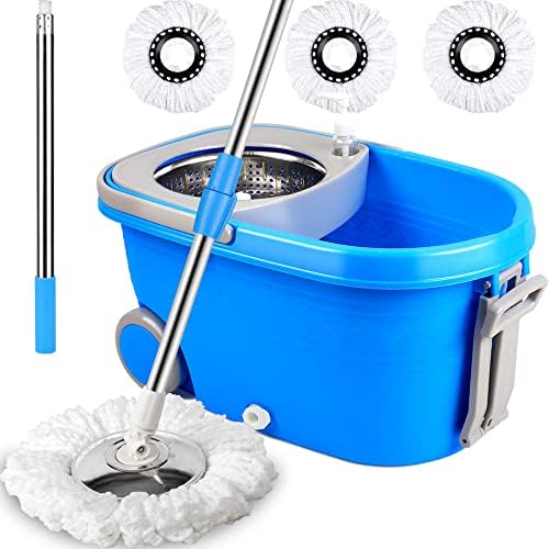 Microfiber Spin Mop & Bucket Floor Cleaning System Stainless Steel Wringer Set Plus 3 Replacement Head Refills 360 Spinning Mopping System 61" Extended Handle for Home Cleaning - Blue