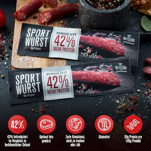 Grillido Original Sportwurst 25x25g (625g) – Proteinreicher Pork Snack mit 42% Eiweiß, knackige Konsistenz, ohne Zucker – Herzhafte Alternative zu Pork Jerky, Bacon Snack & Protein Bar – Bild 3