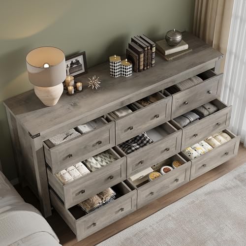 Image of BORNOON 9-Drawer Dresser, Modern Wooden Storage Chest of Drawers, Dresser TV Stand, Wood Drawer Organizer with Metal Handles for Bedroom, Living Room, Hallway