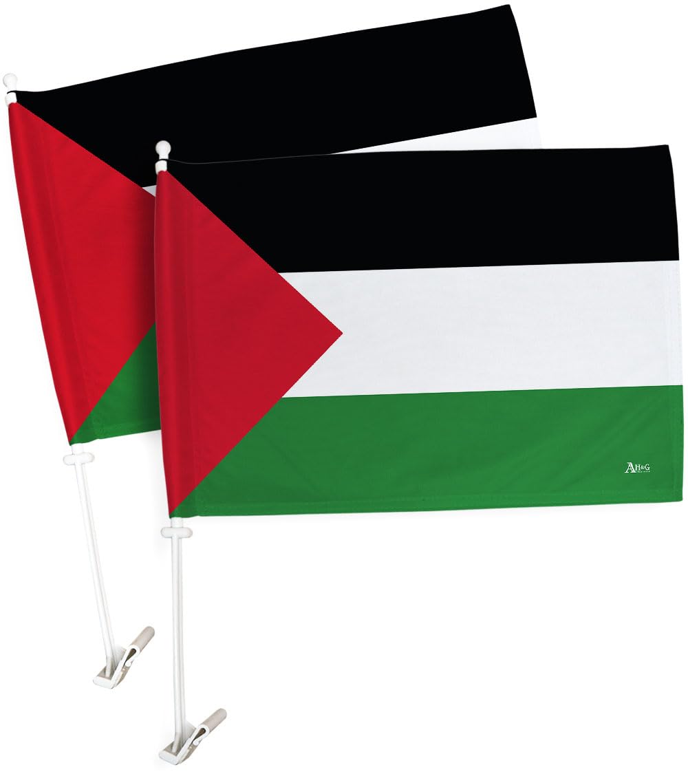 Palestine Flag For Car Window 2 PCS Pack Bandera De Palestina Para Carros Auto Small Gifts Support Palestinian Decor 12" x 18" Mount Bracket Clip Outdoor Accessories Vehicle Decorations Made In USA