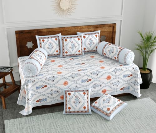 Image of BLOCKS OF INDIA 200TC Diwan Set Cotton 8 Piece | Deewan Printed Bedsheet Sets for Living Room Hall (Set of 8 Piece, 1-Bed Sheet | 2-Bolster Cover | 5-Cushion Cover (Color 51)