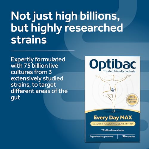 Optibac Probiotics Every Day MAX - Advanced Maximum Strength Vegan Digestive Probiotic Supplement with 75 Billion Bacterial Cultures - 30 Capsules - 3