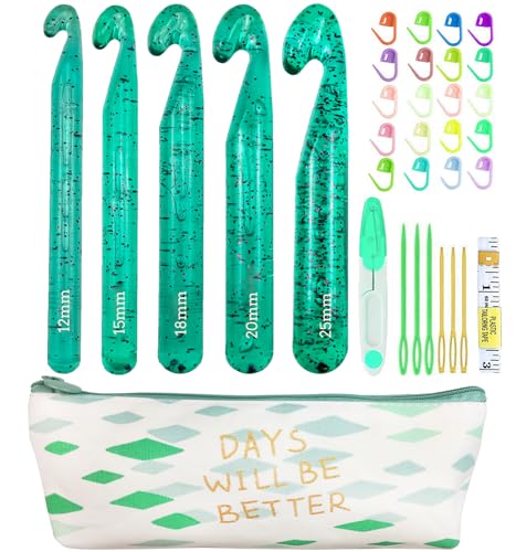 Weabetfu 5 Large Crochet Hook 25mm 20mm 18mm 15mm 12mm Size Crochet Hooks Large Crochet Hook for Chunky Yarn 24PCS Big Crochet Hooks 10mm-25mm Crochet Needles with Case (Green)