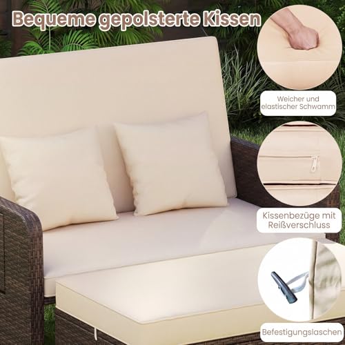 COSTWAY Sofa do salonu z rattanu, meble do salonu na świeżym powietrzu, sofa ogrodowa z funkcją leżania, 2-osobowa salonowa sofa z poduszkami i bocznymi stolikami, meble ogrodowe z polirattanu, meble
