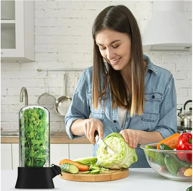 Image of Fresh Herb Storage Container with Herb Peeler, Clear Glass Keeper for Parsley, Asparagus and Herbs,Herb & Vegetable Storage Container for Fridge, Black Base