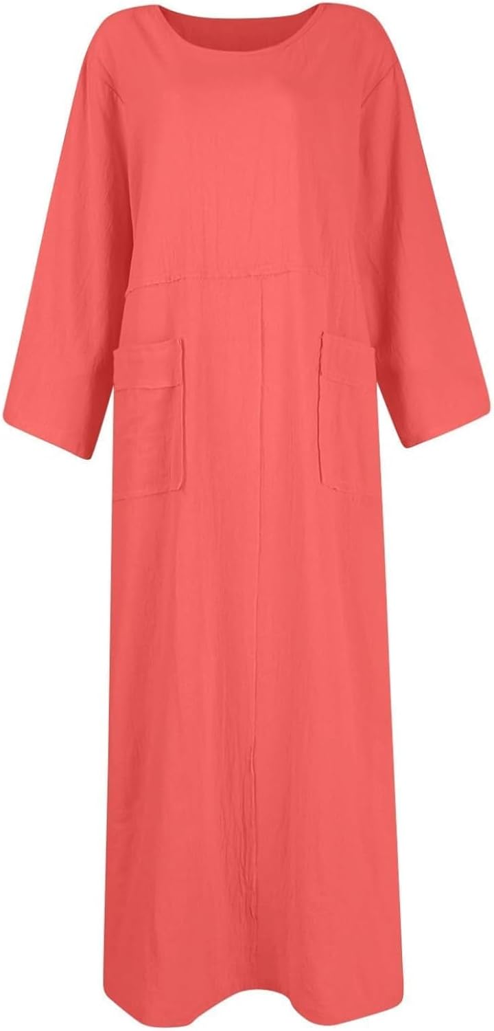 Women's Round Neck Cotton Linen Long Sleeve Dresses Casual Pleated Flowy Maxi Dress Beach Loose Dress with Pocket