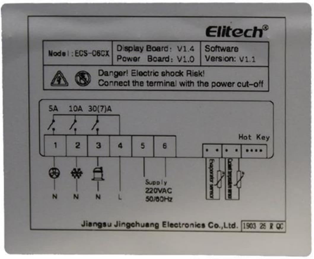 Elitech ECS-06CX wiring diagram showing power supply, sensor inputs, and relay outputs