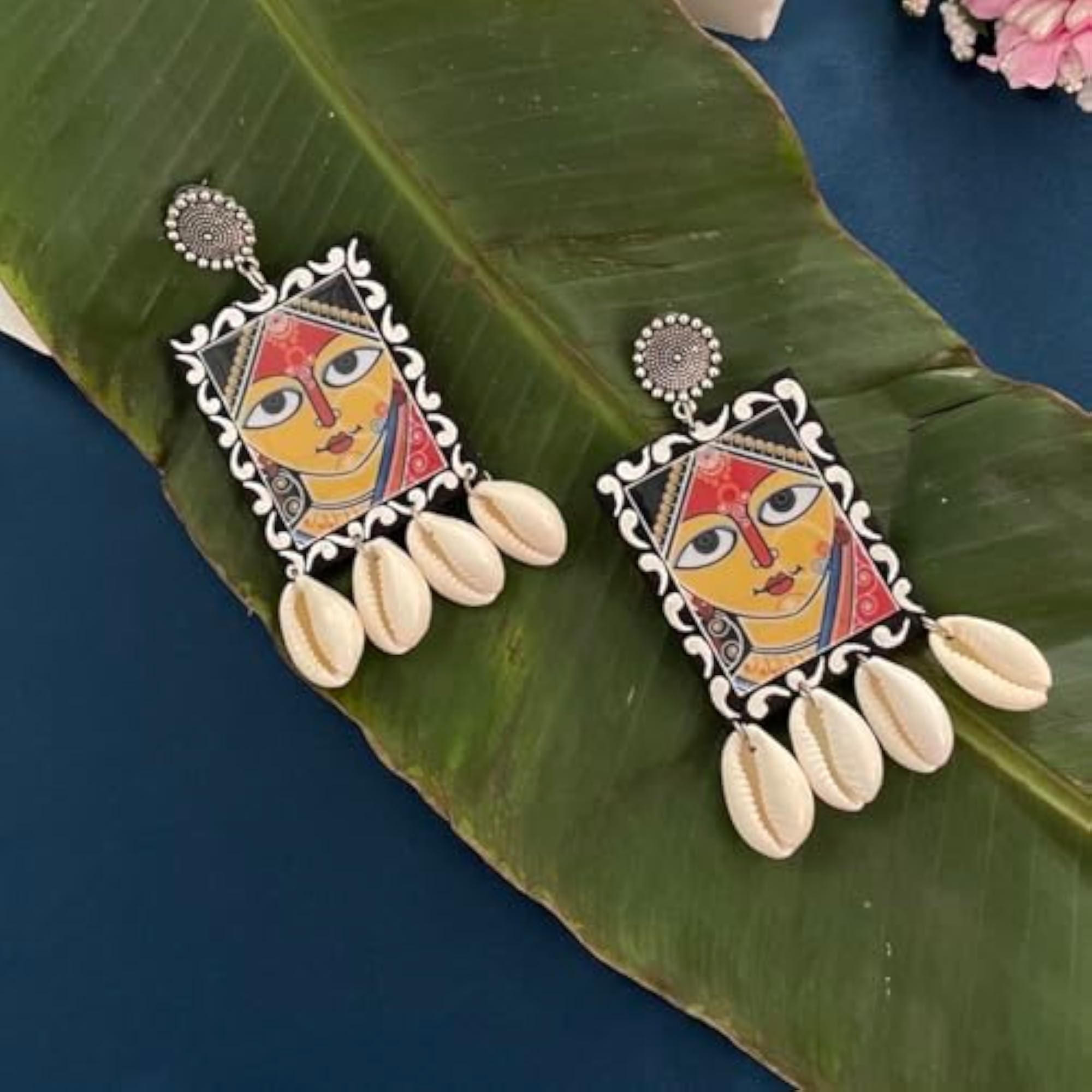 Banjara Hand Painted Maa Durga & Sea Shell Design Earrings